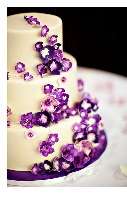 Purple Flowers on Ivory Wedding cake